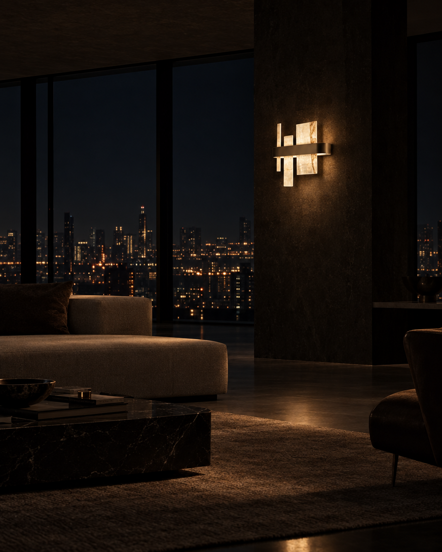Strata Marble Wall Sconce — Matte black — at night