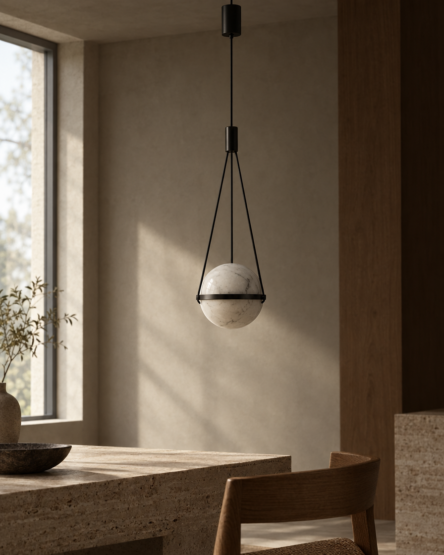 Pomo Marble Globe Pendant — Matte black — daylight