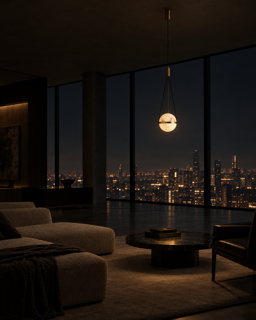 Pomo Marble Globe Pendant — Matte black — at night