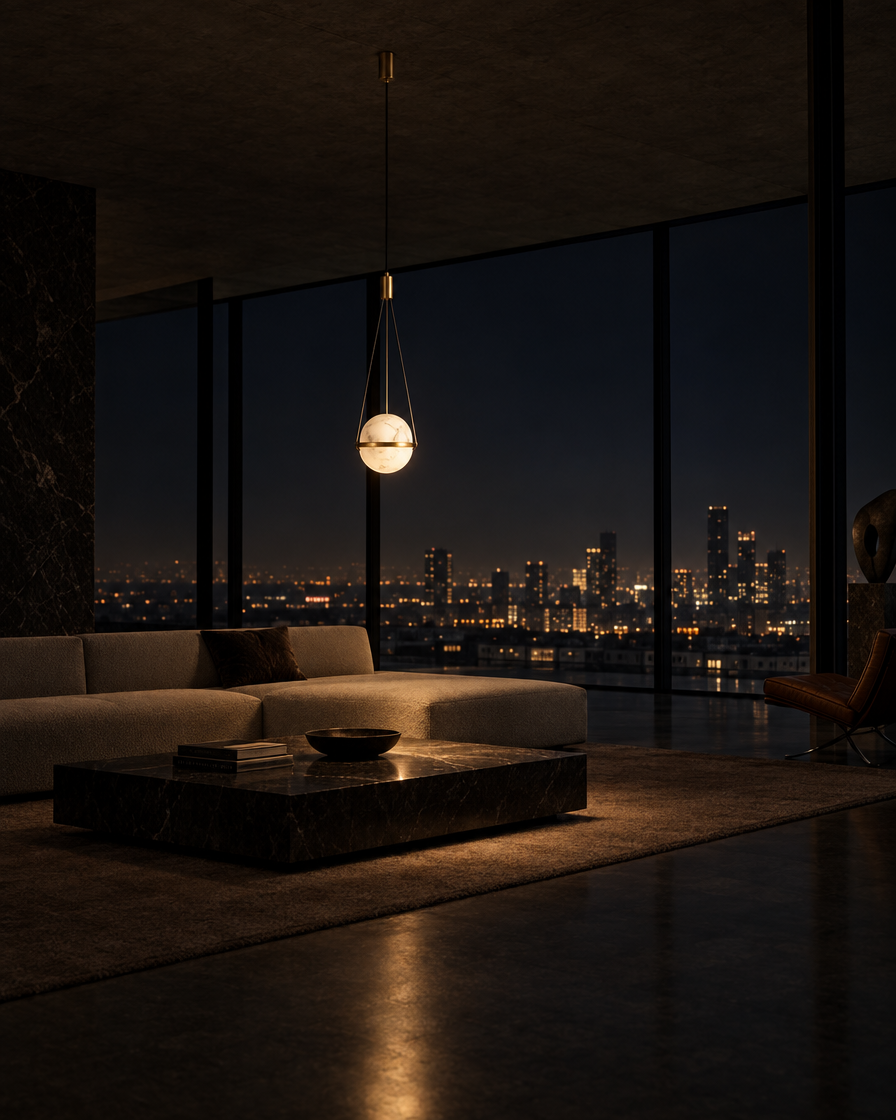 Pomo Marble Globe Pendant — Brass tone — at night