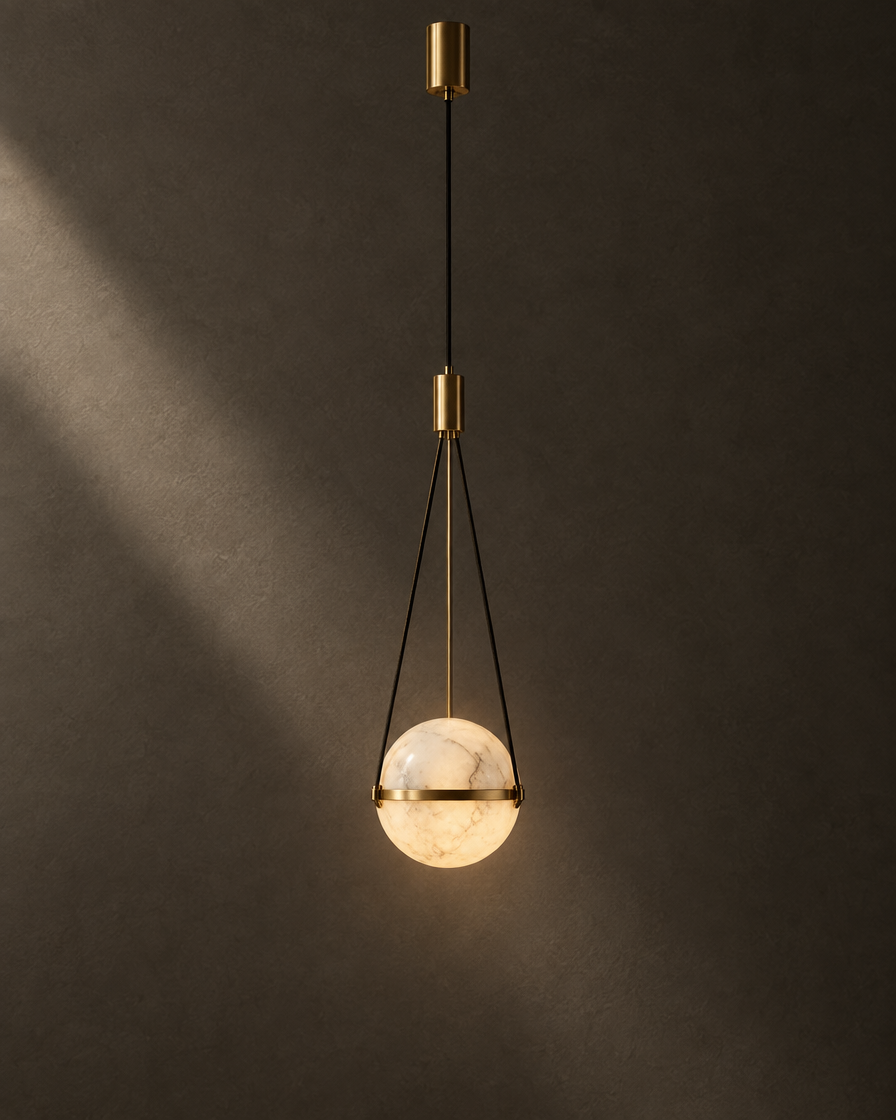 Pomo Marble Globe Pendant — Brass tone — studio