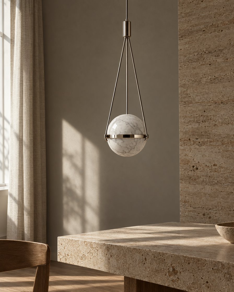 Pomo Marble Globe Pendant — Polished chrome — daylight