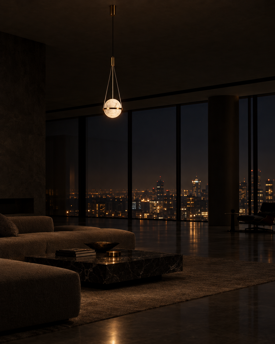 Pomo Marble Globe Pendant — Polished chrome — at night