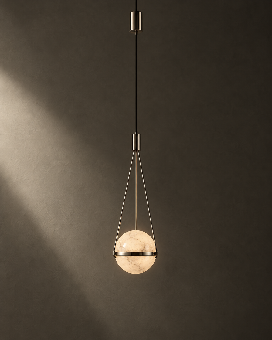 Pomo Marble Globe Pendant — Polished chrome — studio