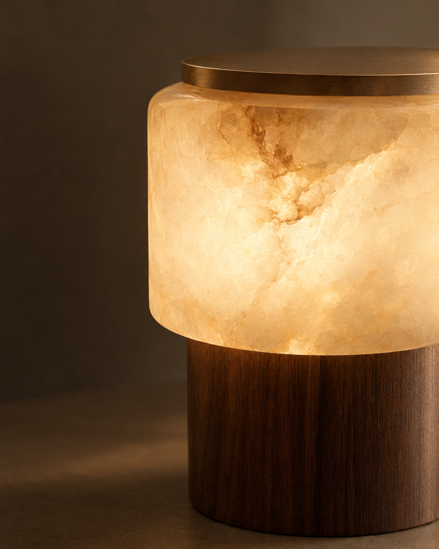 Vesta Alabaster & Walnut Table Lamp — detail
