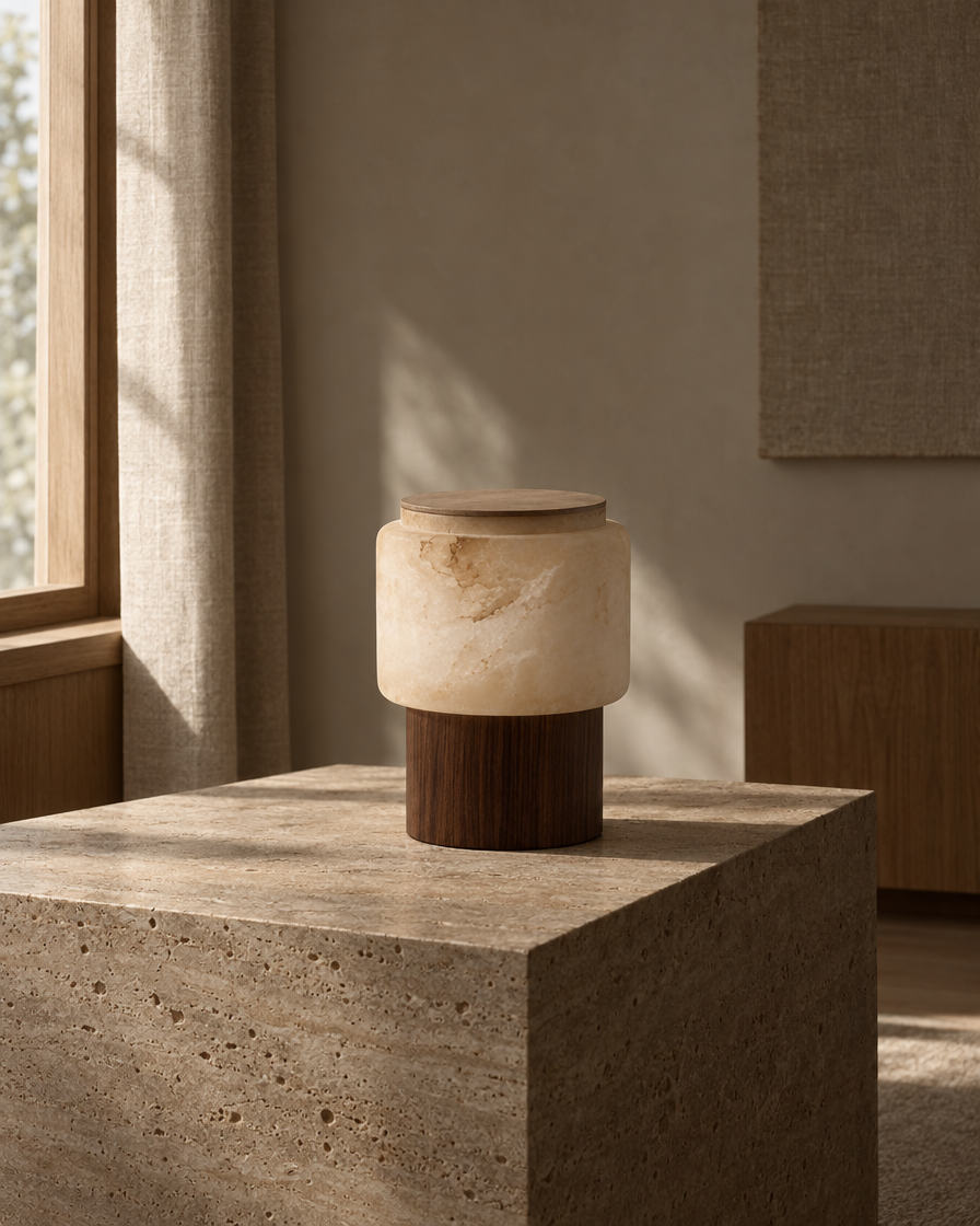 Vesta Alabaster & Walnut Table Lamp — daylight