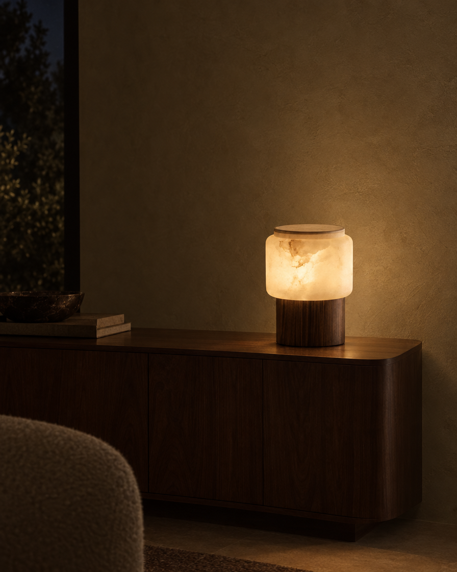 Vesta Alabaster & Walnut Table Lamp — Lumenholm