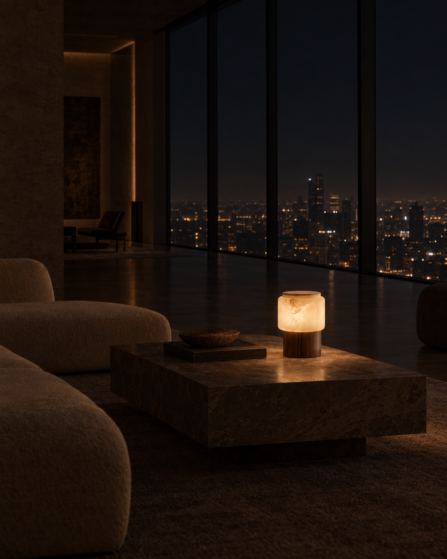 Vesta Alabaster & Walnut Table Lamp — at night