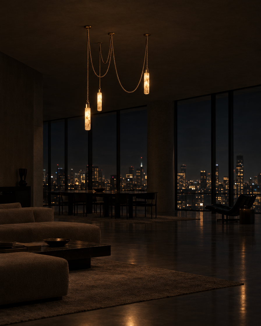 Filo Three-Light Alabaster Swag Chandelier — at night
