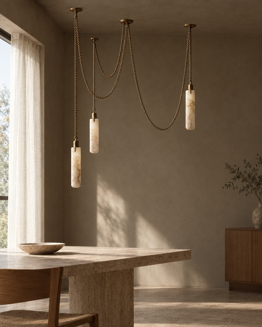Filo Three-Light Alabaster Swag Chandelier — daylight