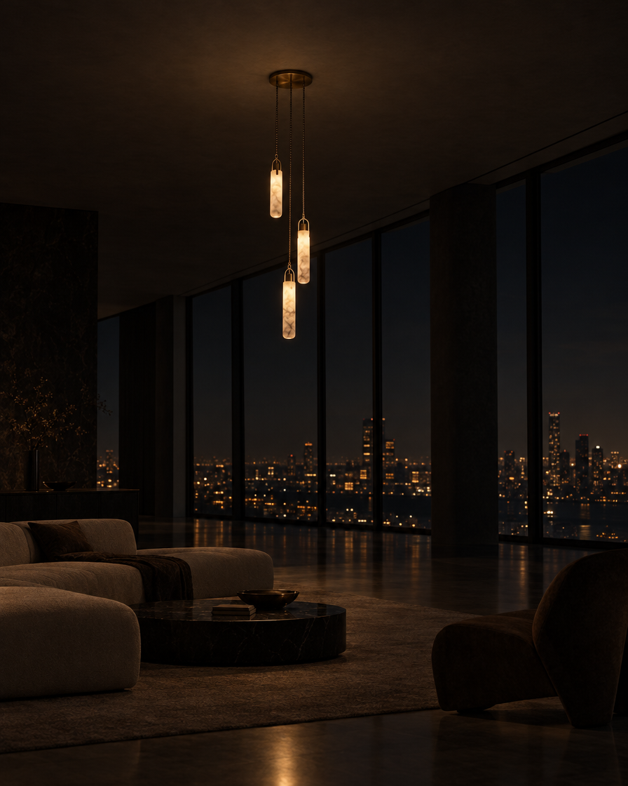Grappolo Three-Light Alabaster Cluster Chandelier — at night