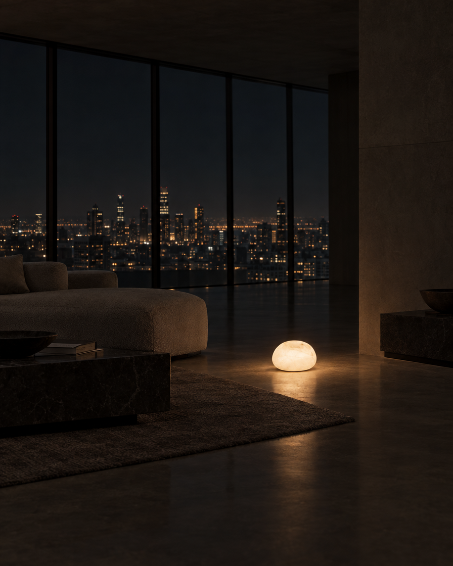 Sasso Cordless Stone Lamp — Ivory — at night