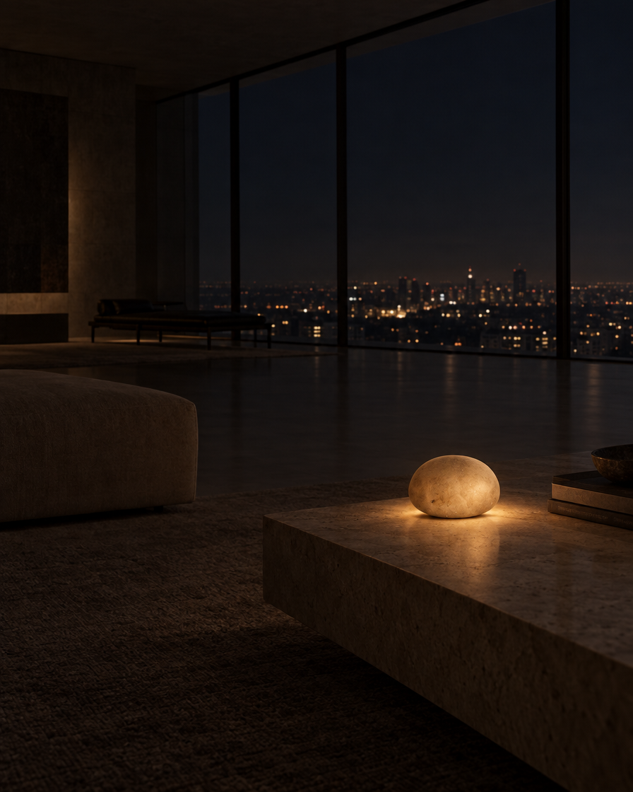 Sasso Cordless Stone Lamp — Umber — at night