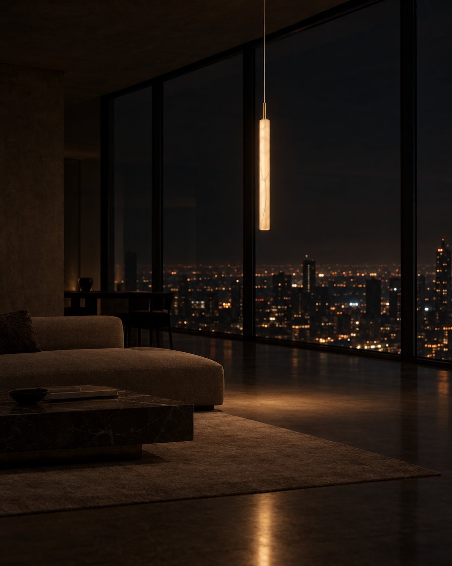 Stelo Slim Marble Pendant — at night
